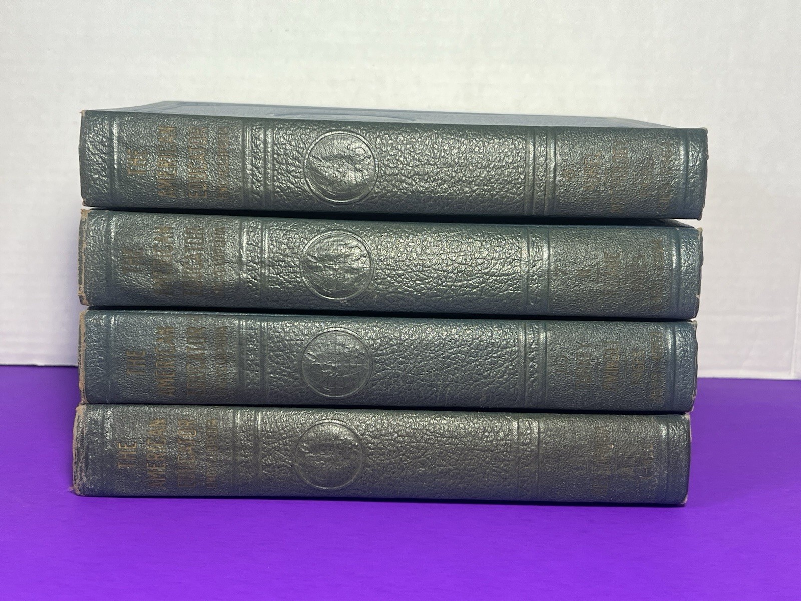 American Educator Encyclopedia Lot 4 Embossed Leather Vol 1,6,7,10 Staging Books