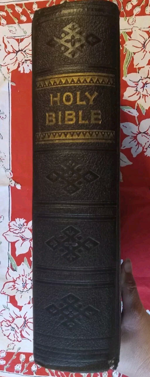 ATQ Huge Holy Bible Embossed Leather Family c.1880 Beautiful Victorian Illust