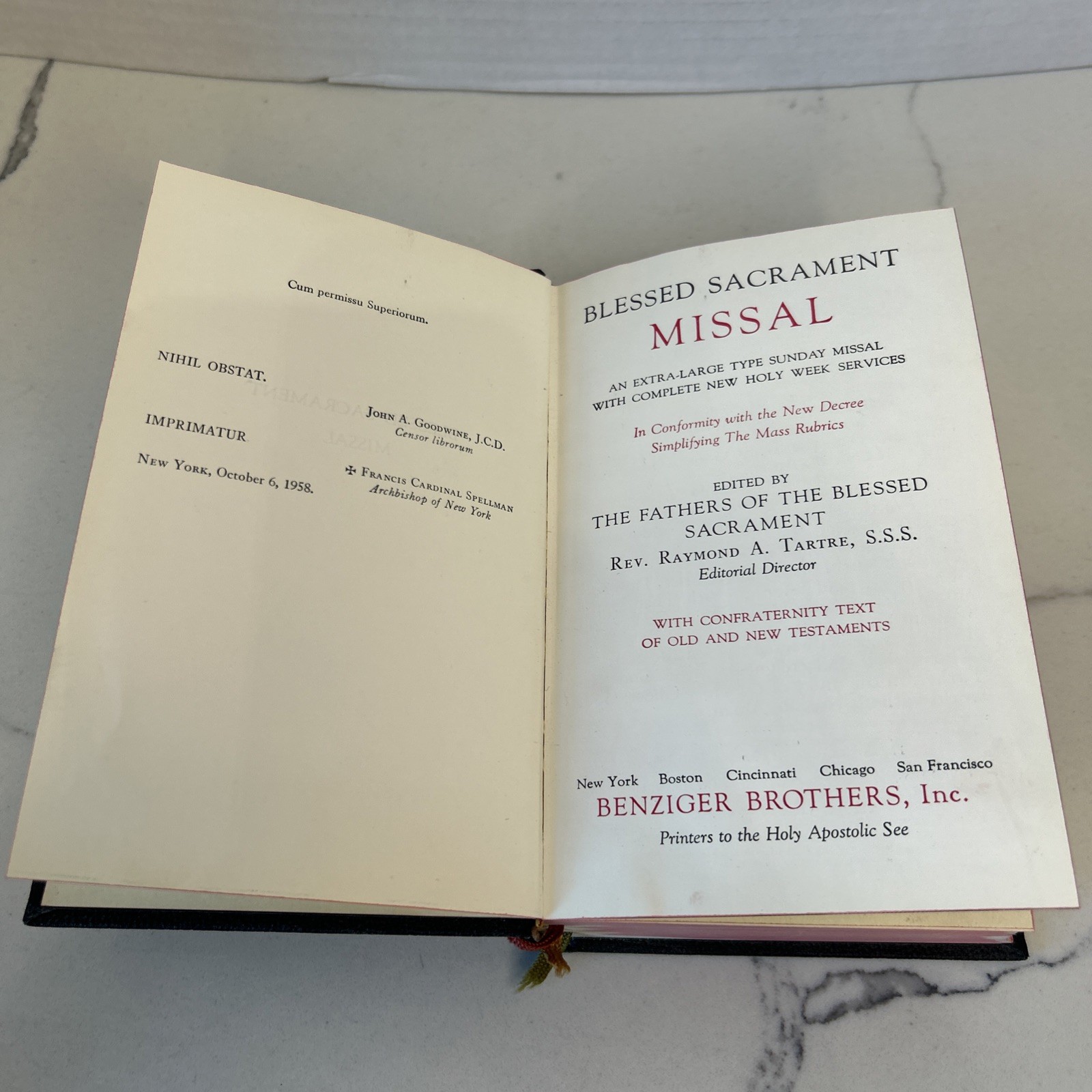 1958 Benziger Blessed Sacrament Missal Large Type Catholic Prayer Book Ribbons