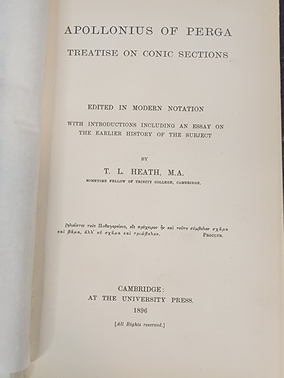 Apollonius of Perga Conic Sections by T. L. Heath 1896 Antique Mathematics HC