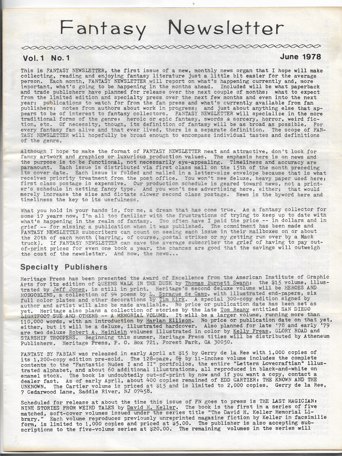 First Nine Issues FANTASY NEWSLETTER 1970’s Vintage F & SF Fanzines #1 thru #9