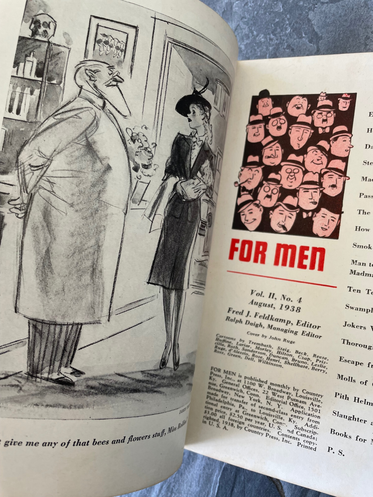 FOR MEN Aug 1938 Short Stories Cartoon Pub CC Beck John Ruge James Thurber Vtg
