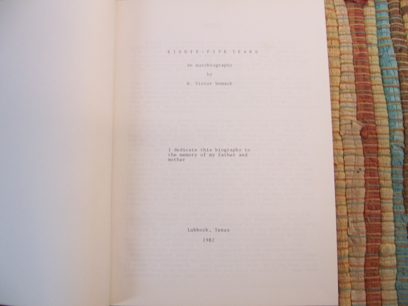 Eighty Five Years An Autobiography By W. Victor Womack Lubbock Texas 1982 Signed