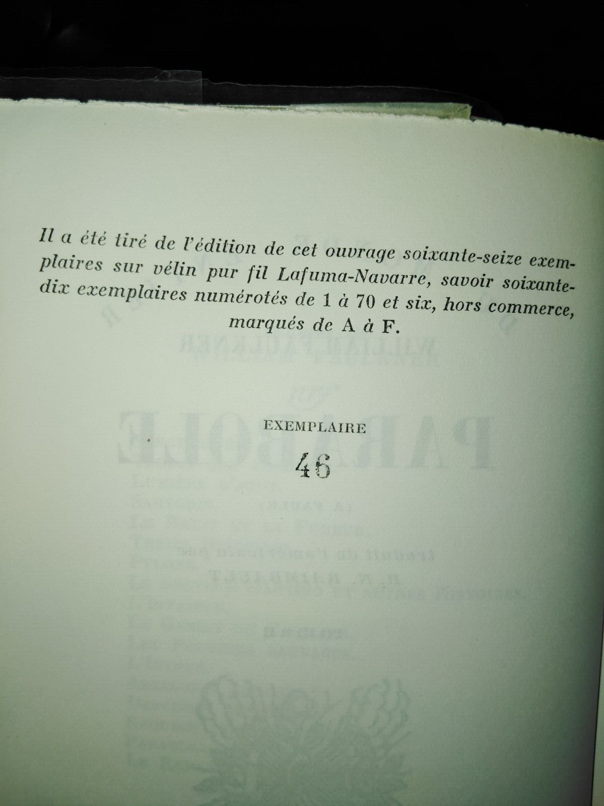 Parabole by William Faulkner 1958 Vellum Limited Edition #46/70 FRENCH