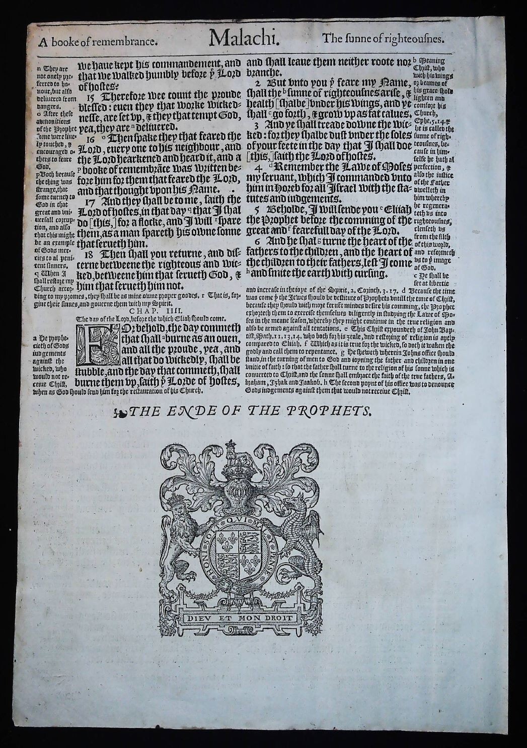 Malachi 4:6 , 1583 GENEVA BIBLE FRAMED LEAF PAGE VG NOT KJV