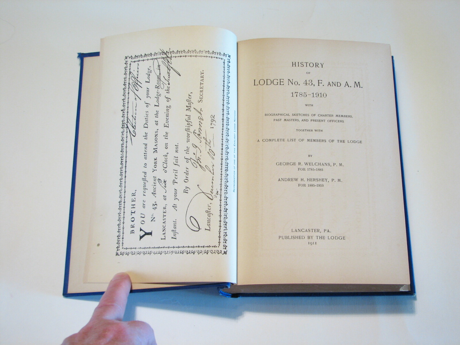 History of Lodge No, 43, F and A.Masonic Mason Lancaster Co Pennsylvania PA
