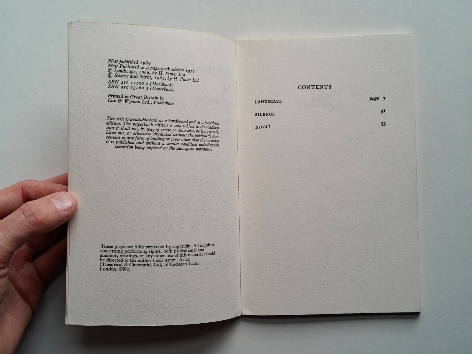 LANDSCAPE AND SILENCE – Harold Pinter – 1st Edition Paperback, 1970