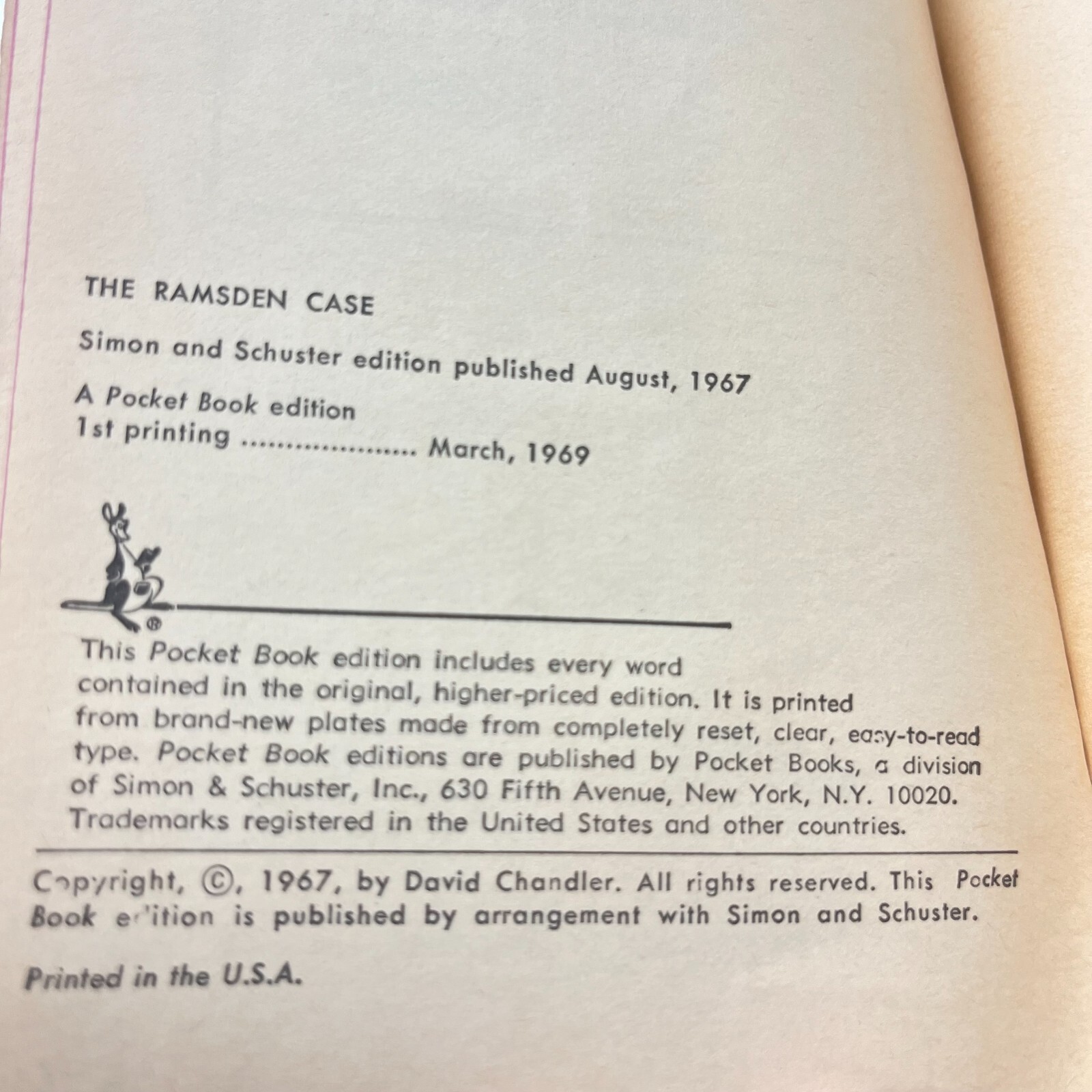 The Ramsden Case by David Chandler 1969 Pocket Books 1st Print Mystery Murder