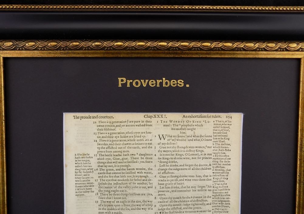 A VIRTUOUS WOMAN PROVERBS 31 1577 GENEVA BIBLE FRAMED LEAF PAGE VGC