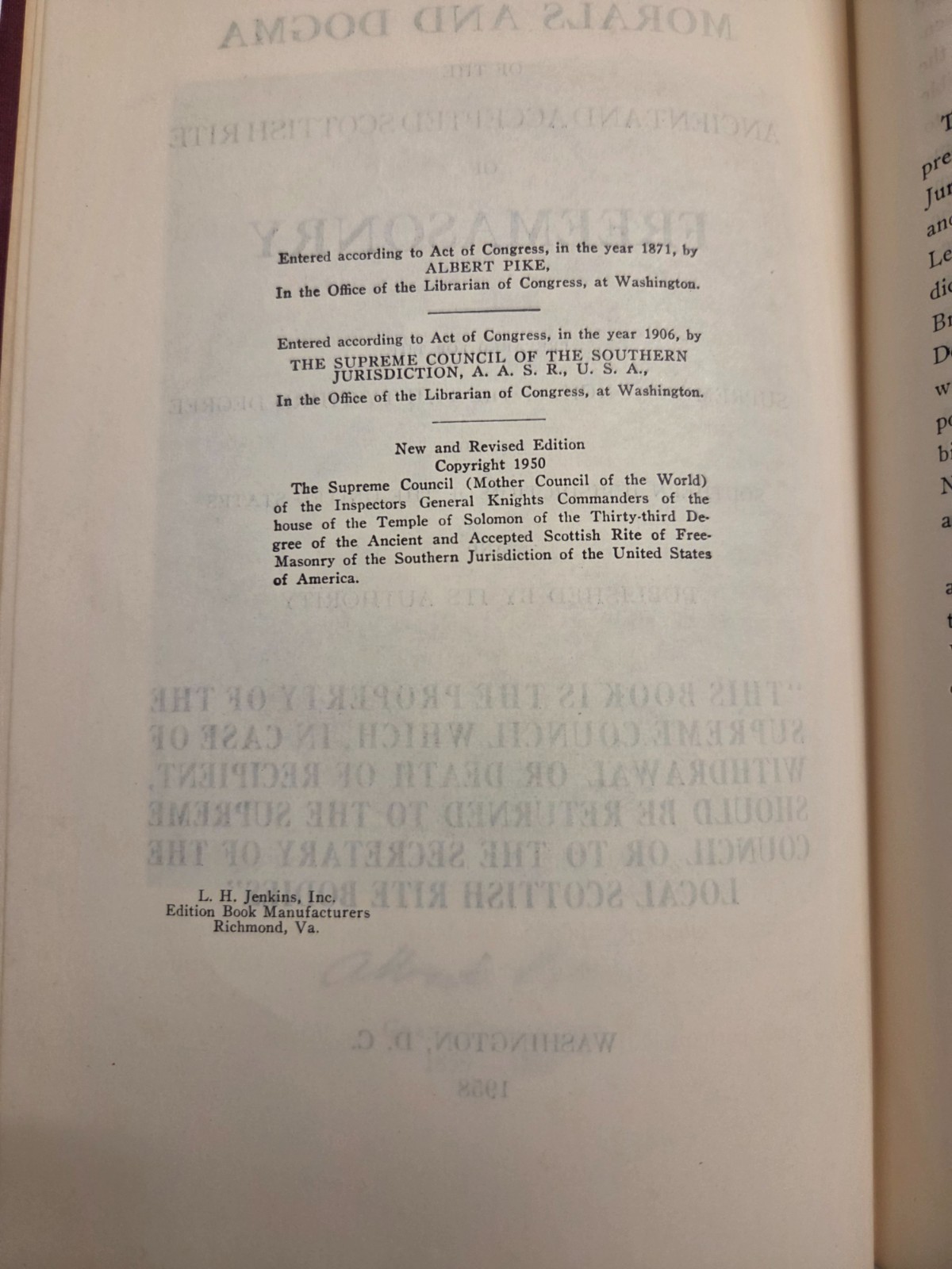 MORALS and DOGMA Ancient & Accepted Rite Southern Jurisdiction 1958 Revised Ed.