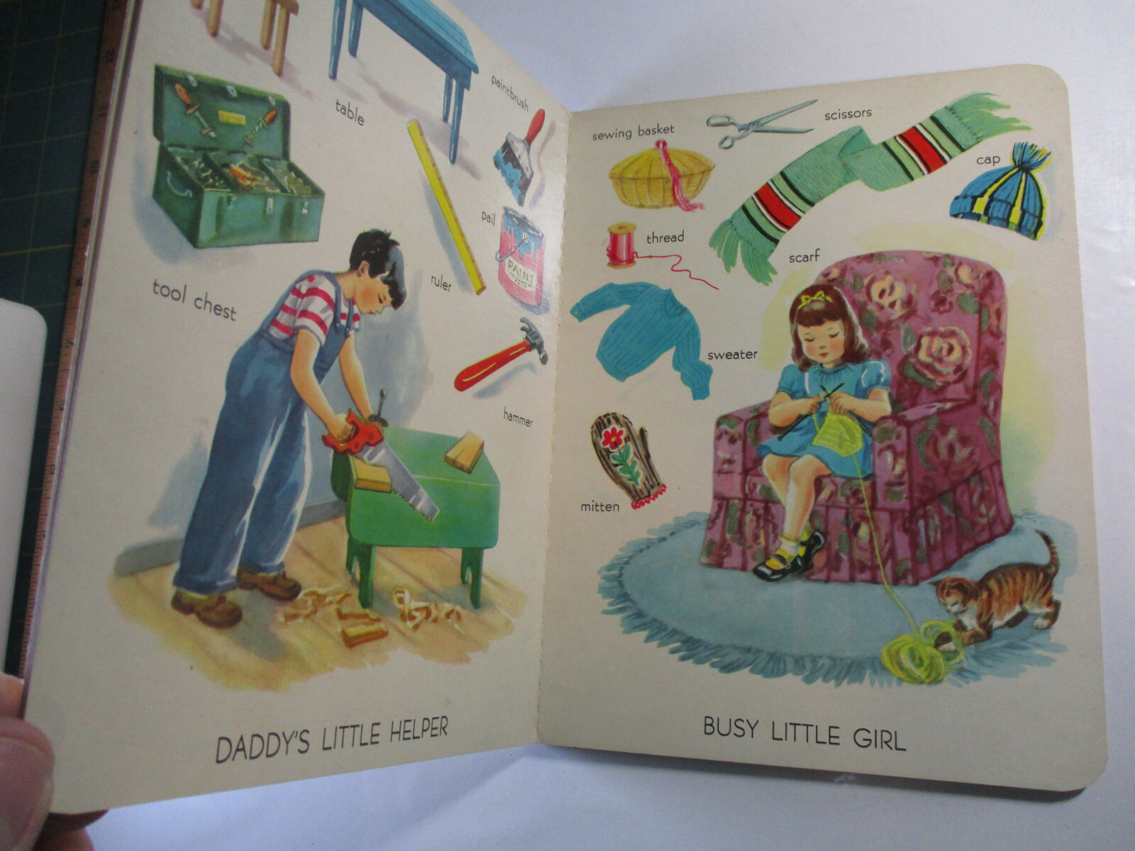 Pictures and Words, Preschool Picture Play Book, Board Book, Saalfied, 1960s