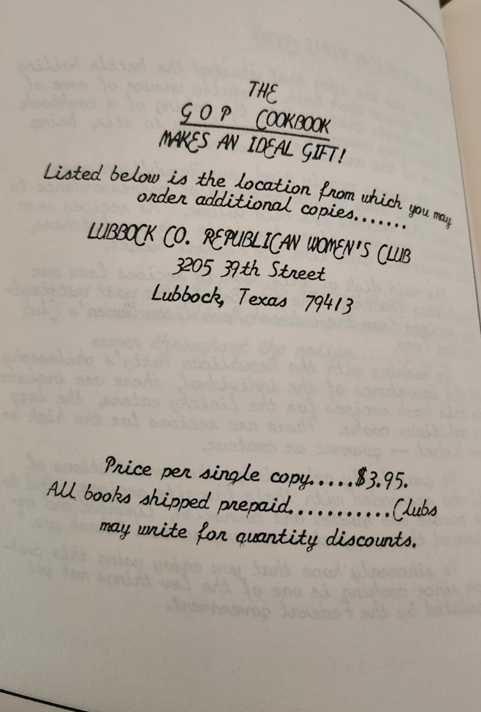 G.O.P. Cookbook, Compiled by Republican Women’s Club, Lubbock, Texas 1967