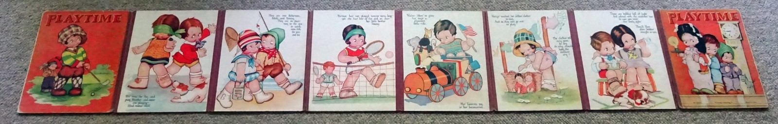 c 1920 PLAYTIME-Whitman #2032-FOLDING BOARD BOOK-5′ 5″ Long!-BEATRICE MALLET