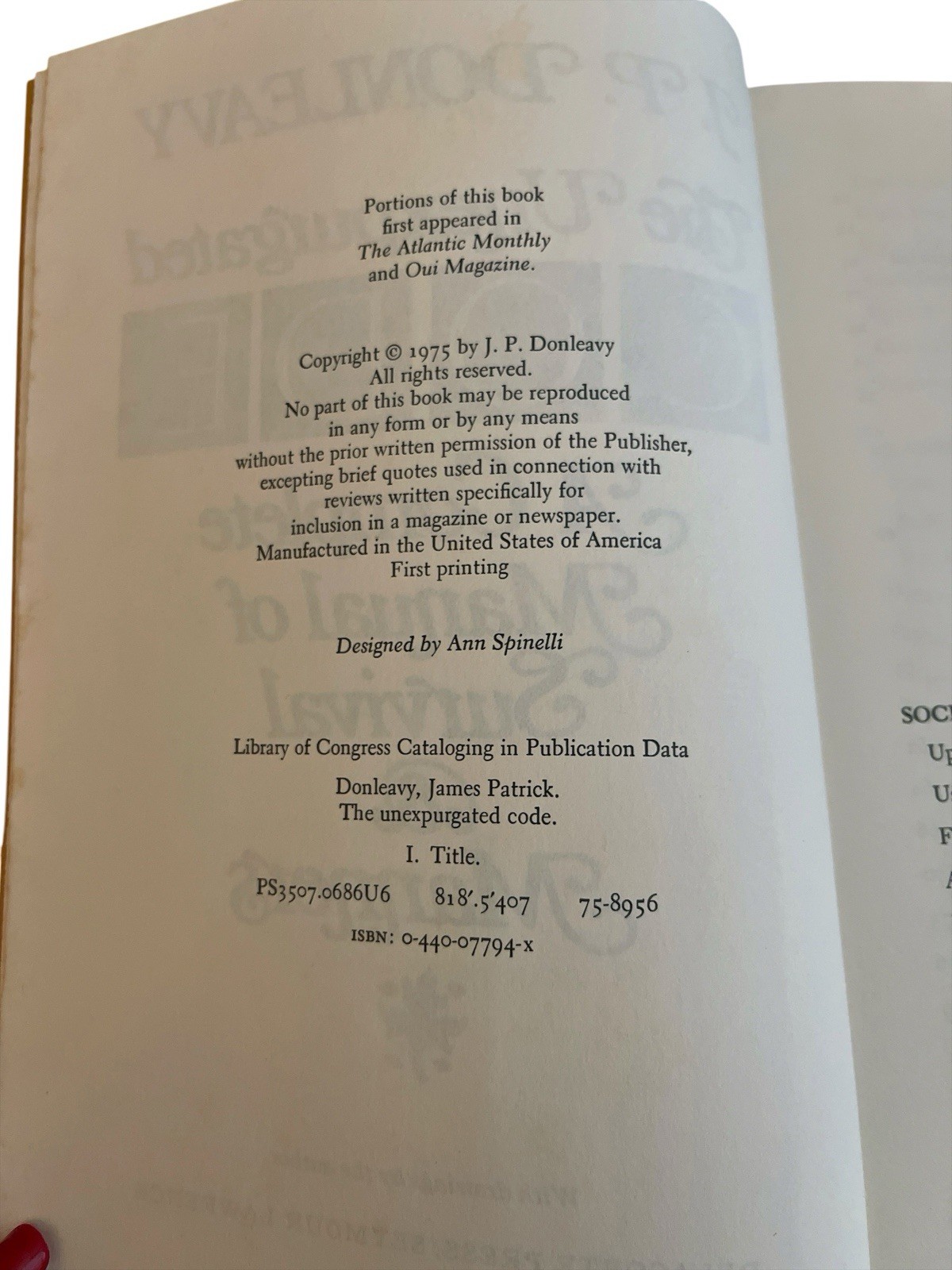 The Unexpurgated Code J.P. Donleavy 1975 1st Edition 1st Printing HC Dust Jacket
