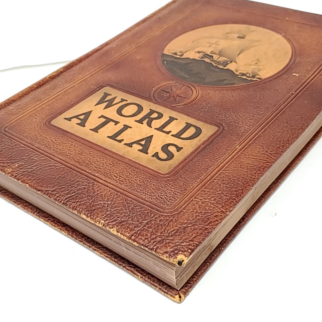 Antique Leather Rand McNally World AtlasS Book 1951 Vintage WW2 Maps Geography
