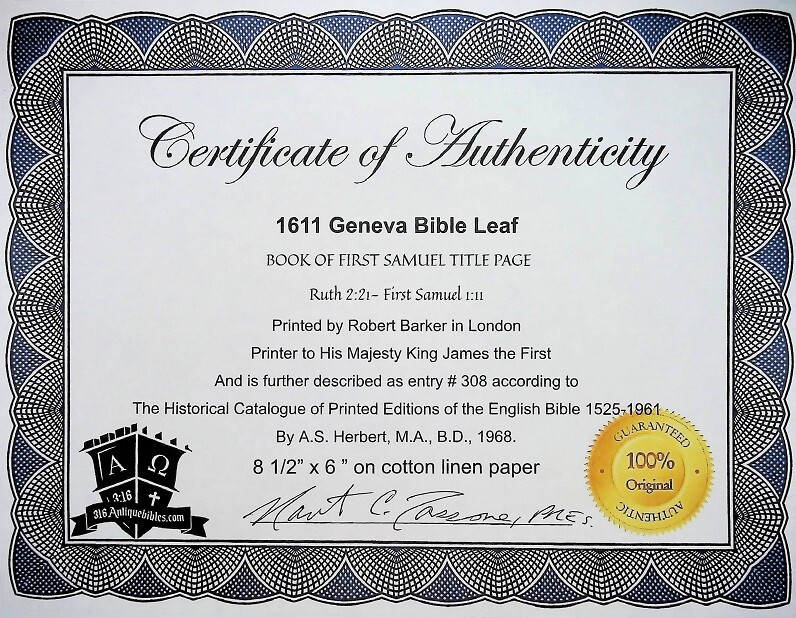 BOOK OF FIRST SAMUEL TITLE PAGE LEAF , 1611 GENEVA BIBLE , FRAMED LEAF PAGE KJV