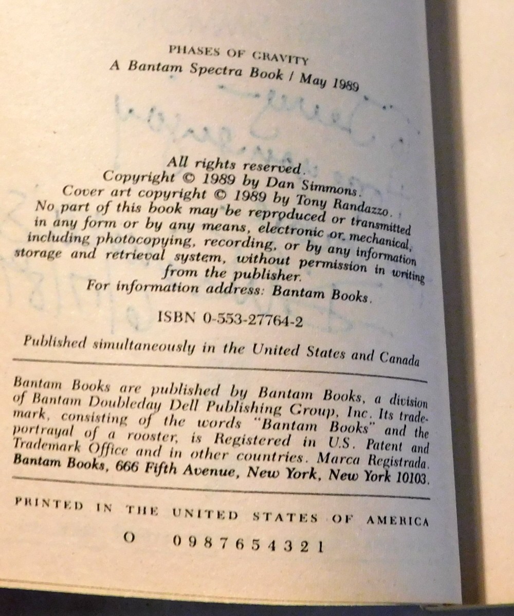 1989 TRUE 1st edition PHASES OF GRAVITY – INSCRIBED & SIGNED by DAN SIMMONS