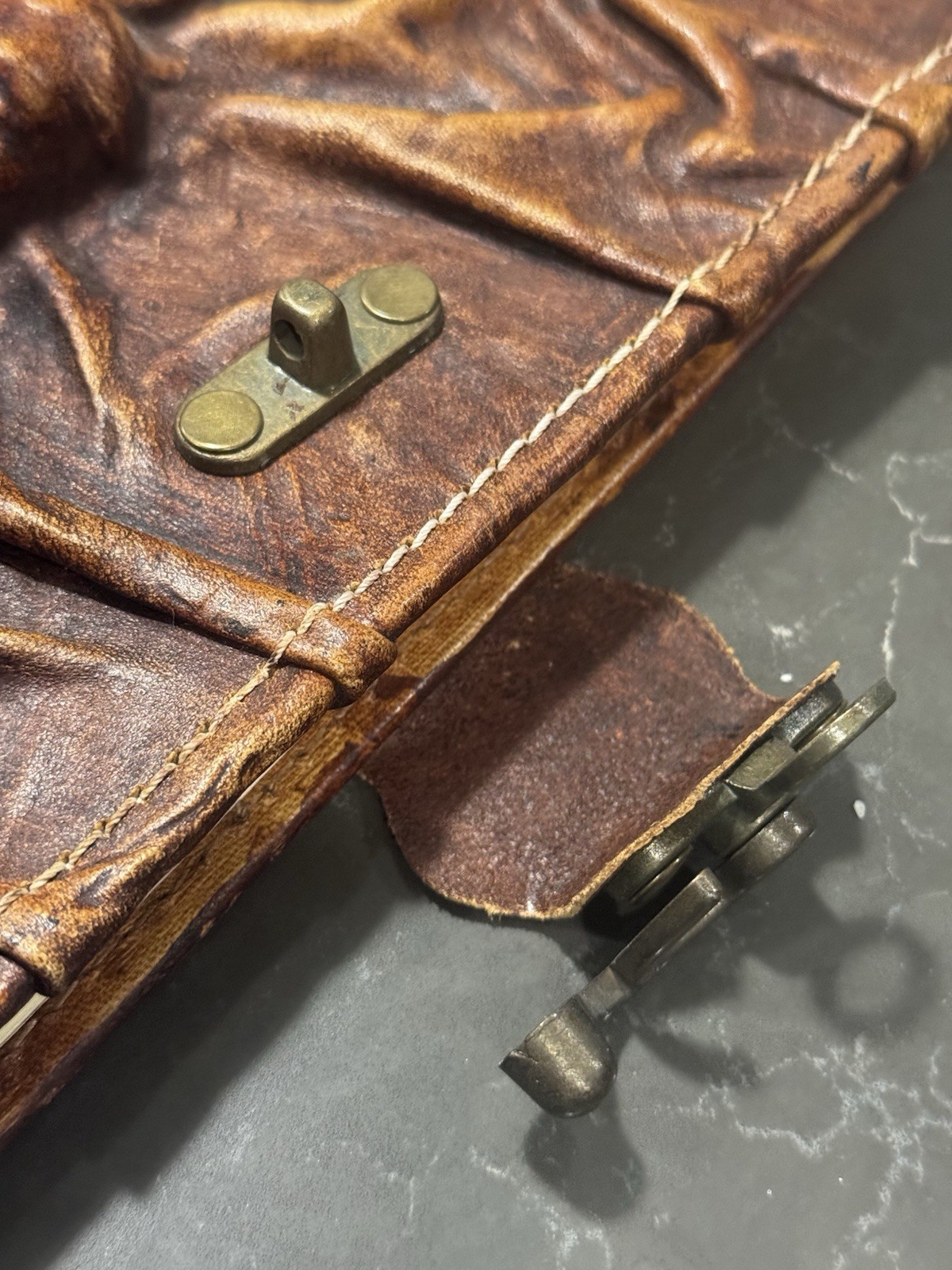 Leather Bound Journal, Embossed w/Face, Hand Sown, Metal Clasp, 9”x6.75”x1.25”