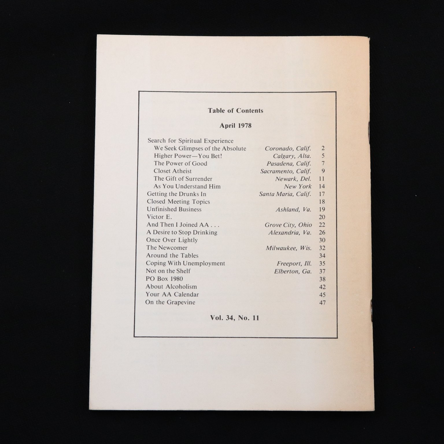 AA Grapevine April 1978 Vol 34 No 11 Serenity Prayer Alcoholics Anonymous