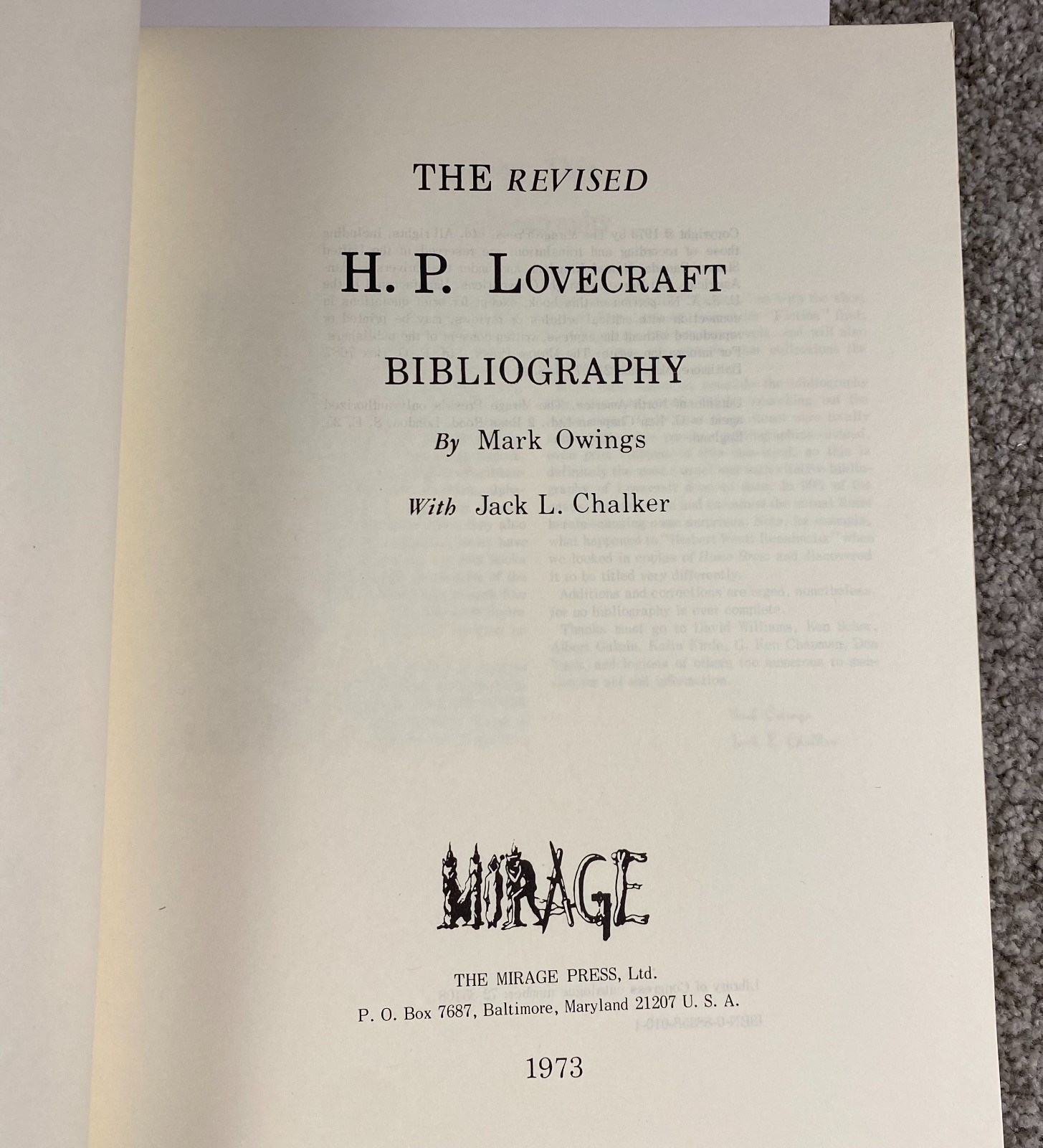 H.P. LOVECRAFT REVISED BIBLIOGRAPHY (Mirage Press 1973) Cover by Wehrle
