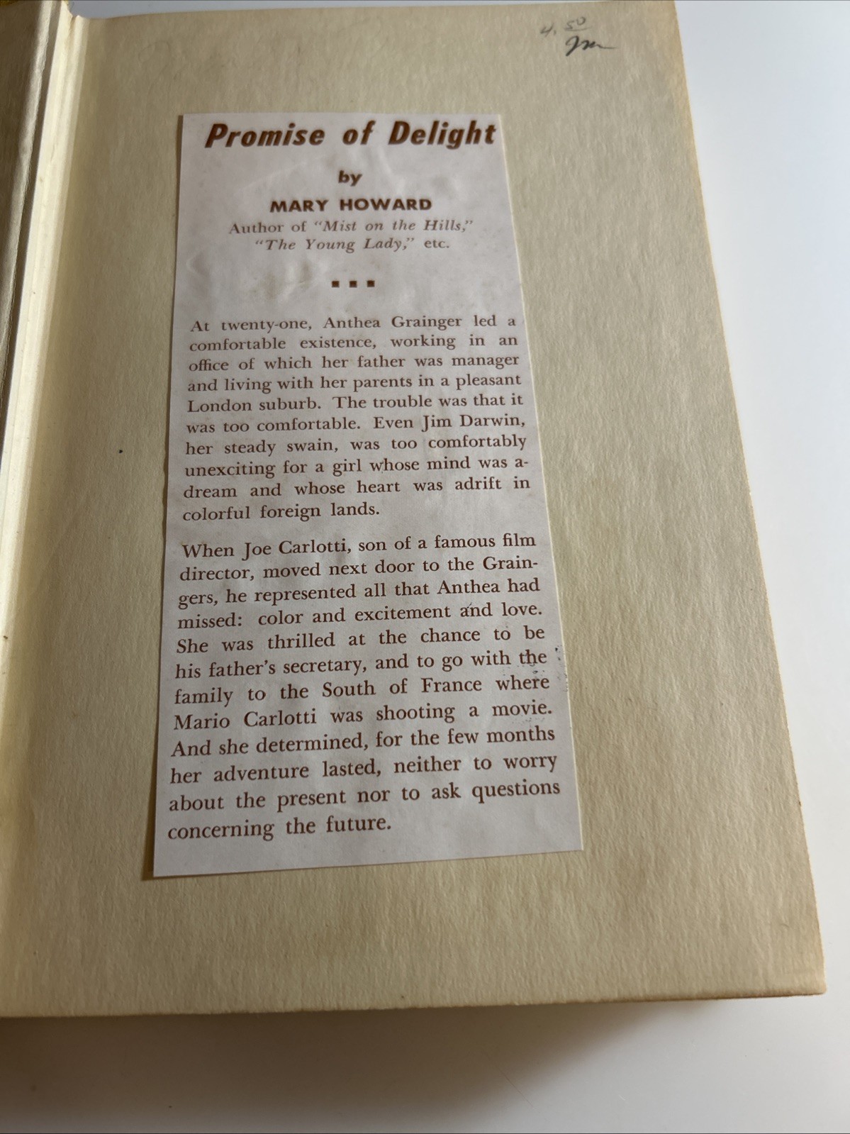 1952 Rare 📕 Promise of Delight Mary Howard xlib 2901