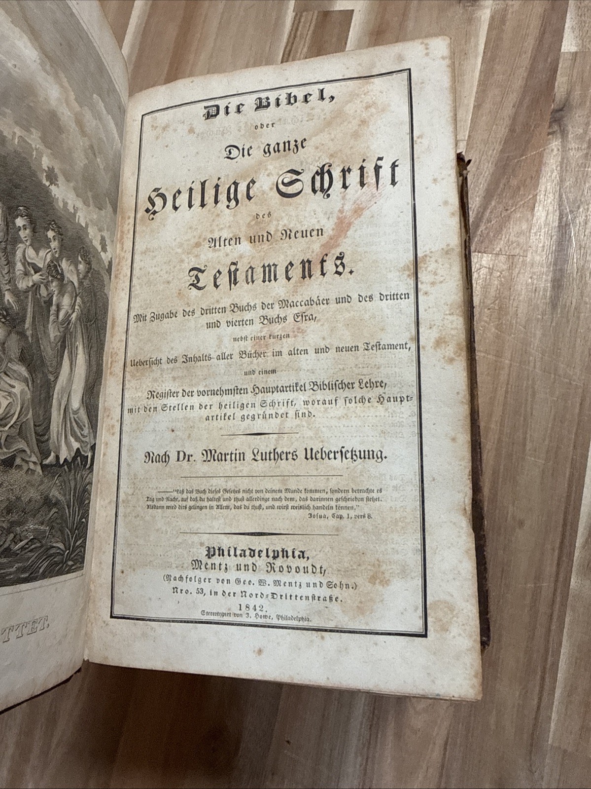 1842 HOLY BIBLE german ILLUSTRATED phiadelphia LUTHER leather ANTIQUE old