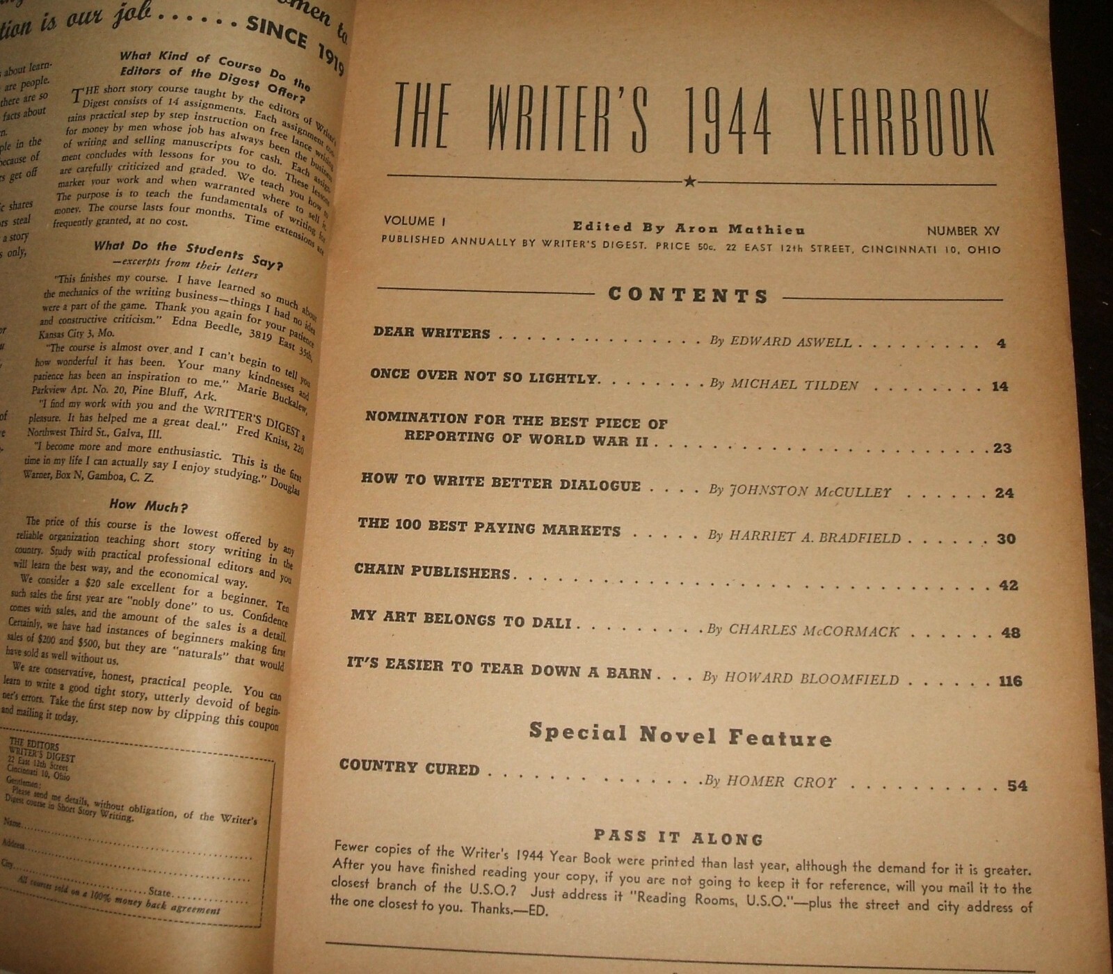 The Writer’s Yearbook 1944 Vol. 1 No. XV Aron Mathieu Country Cured Homer Croy