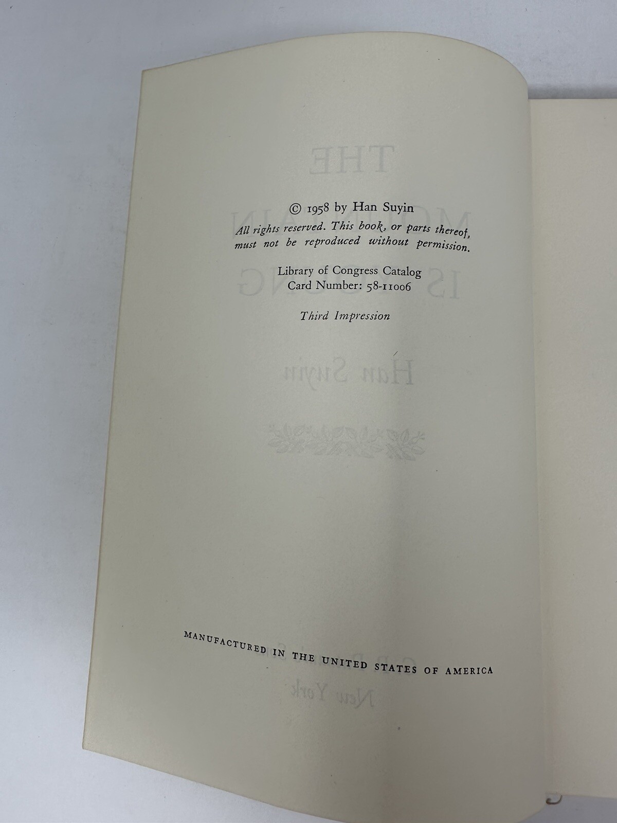 The Mountain Is Young Han Suyin 1958 Putnam HC Third Impression
