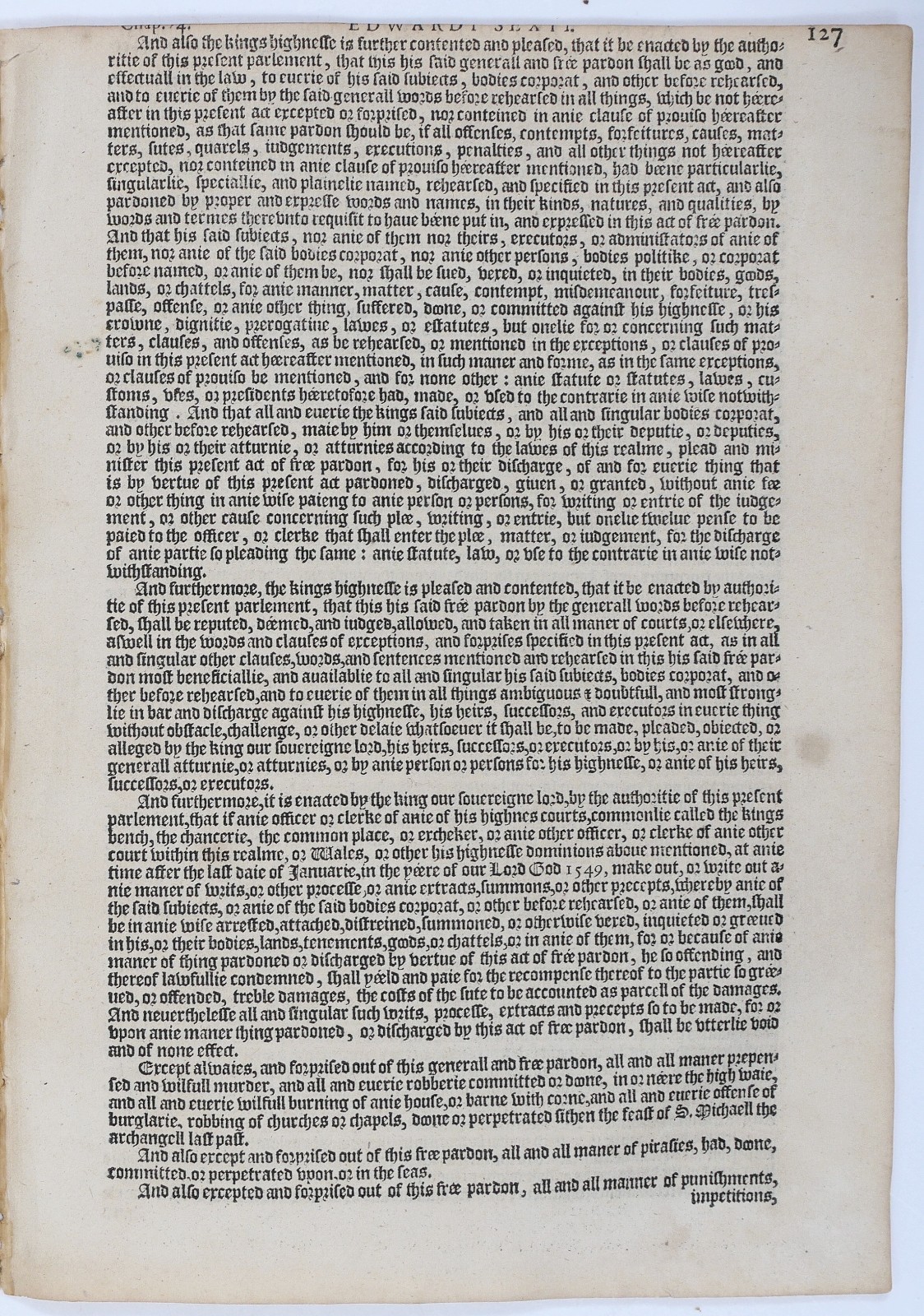 1587 Grafton Statutes Leaf Murder Robbery Burglary Pirates Edward VI Pardon
