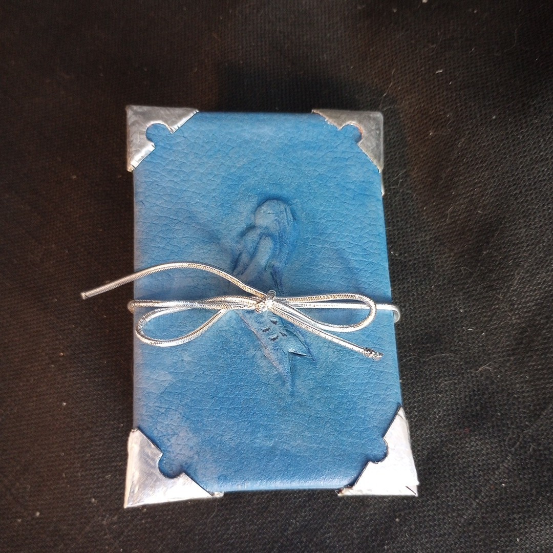 Handmade Artist Book Mini Mermaid Flag Book w embossed leather cover 3.75 x 2.5″