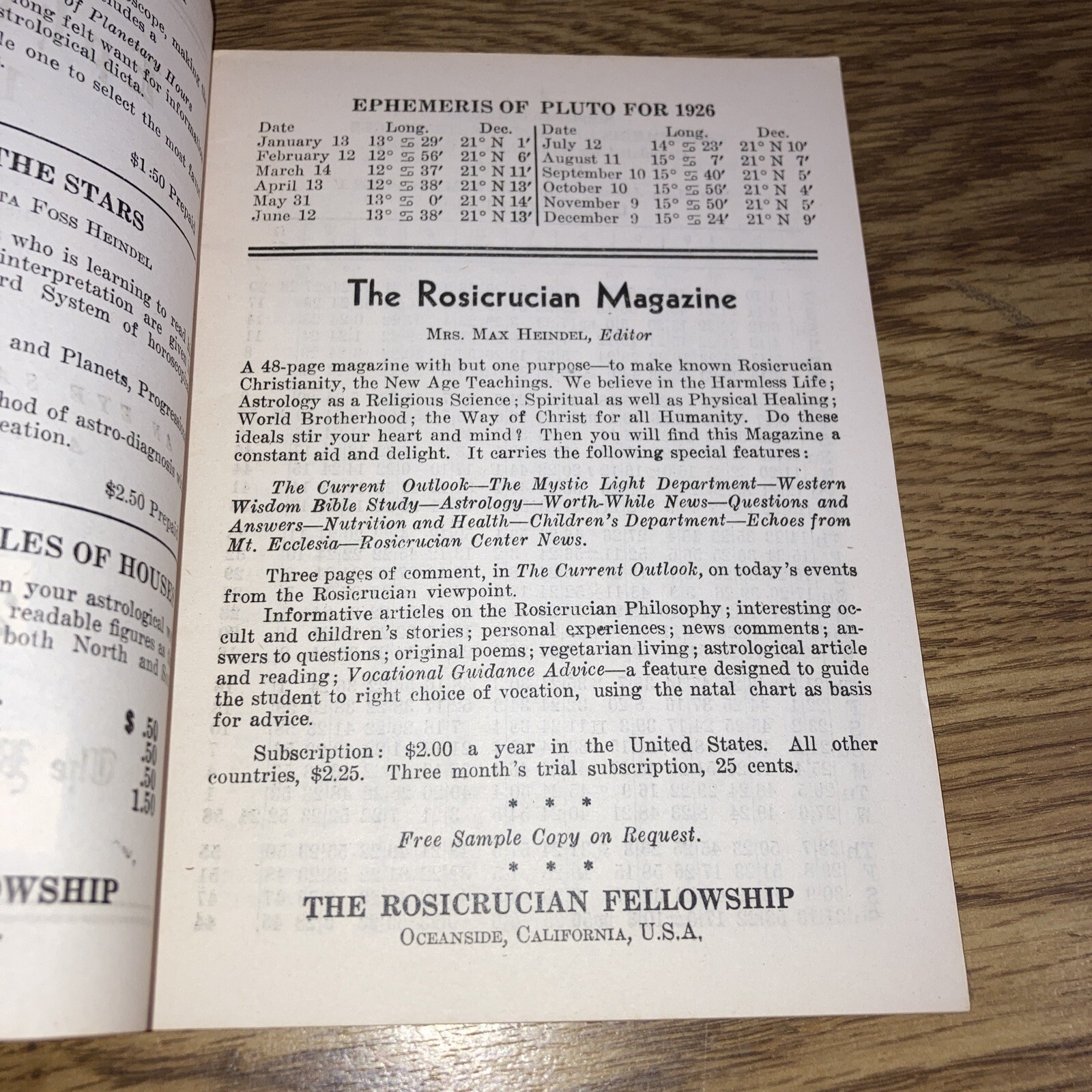 Simplified Scientific Ephemeris – Rosicrucian Fellowship 1926