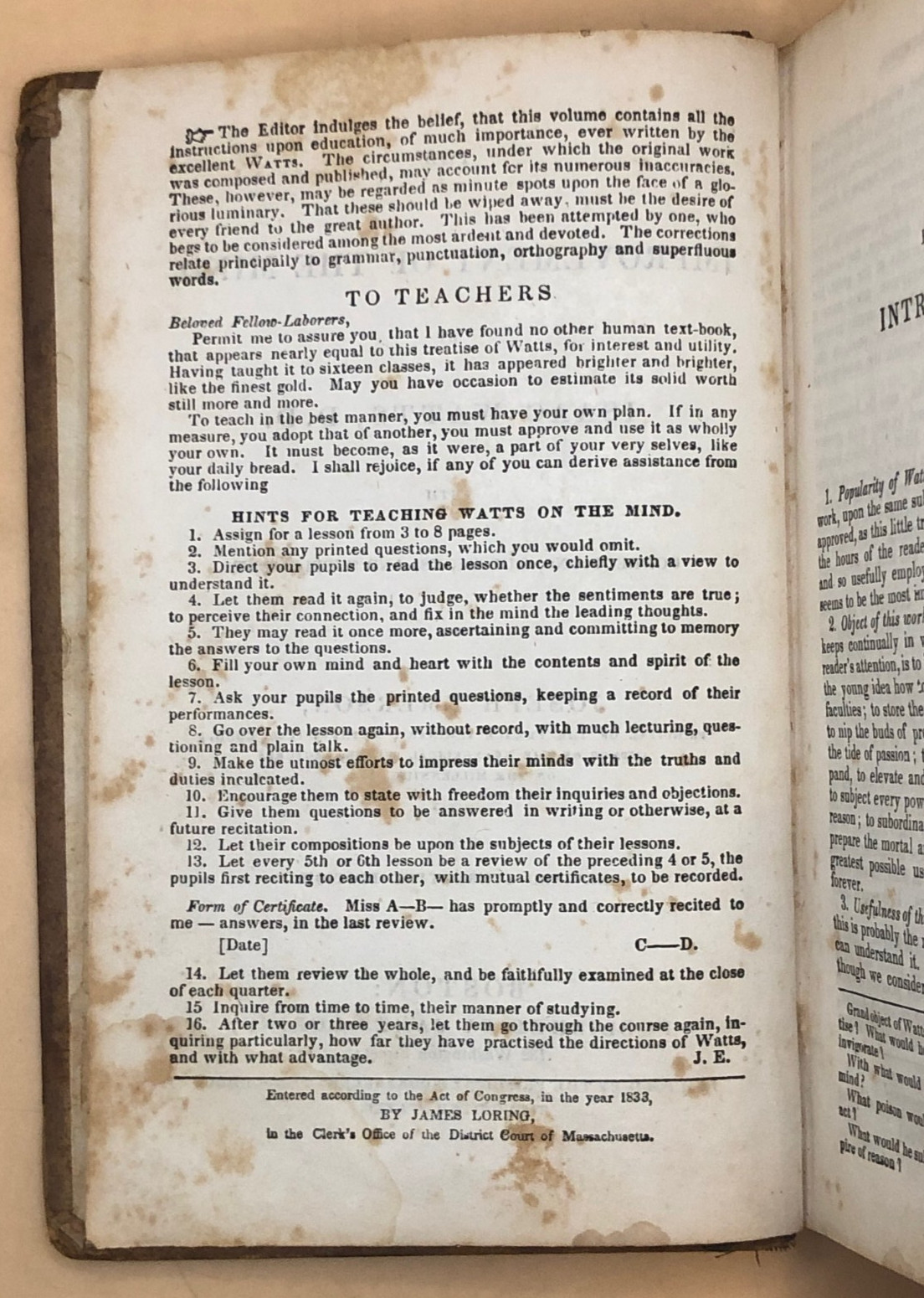 Watts Improvement of the Mind 1833 OLD ANTIQUE ANTEBELLUM SELF HELP BOOK