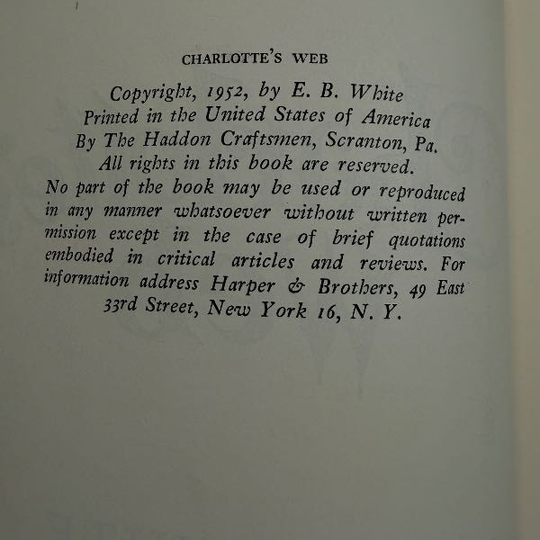 Harper Charlotte’s Web 1952 First Edition Dust Jacket Book USA