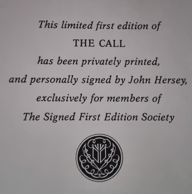 1985 / John Hersey – The Call / First Edition / Signed by Author! / Fine Binding