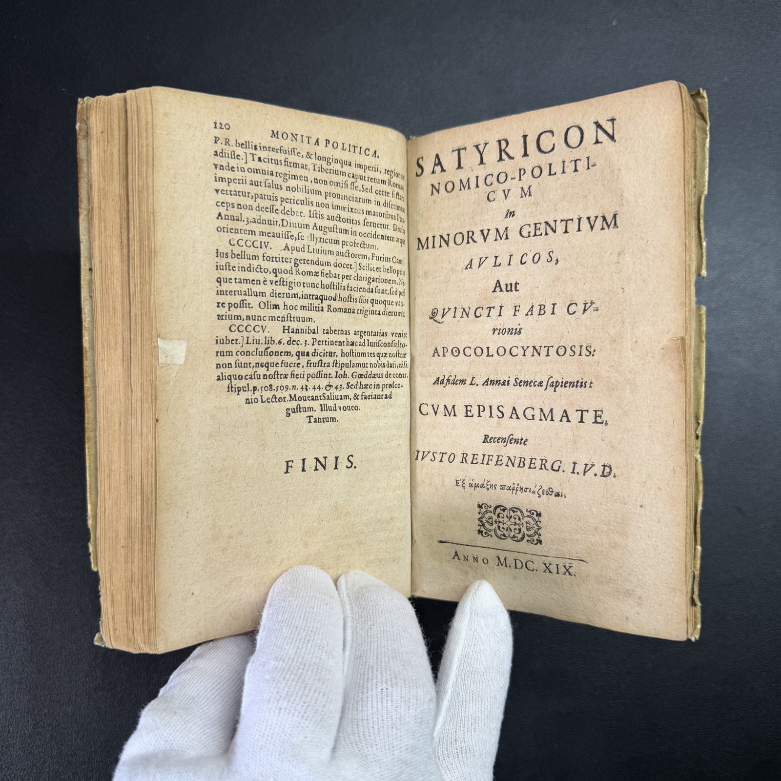 1619 Reifenberg Monita Politica & Satyricon Latin Vellum 1st Ed
