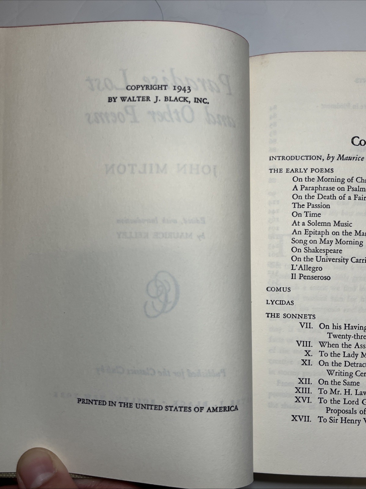 Vintage Classics Club 1943 edition PARADISE LOST John Milton and other poems.