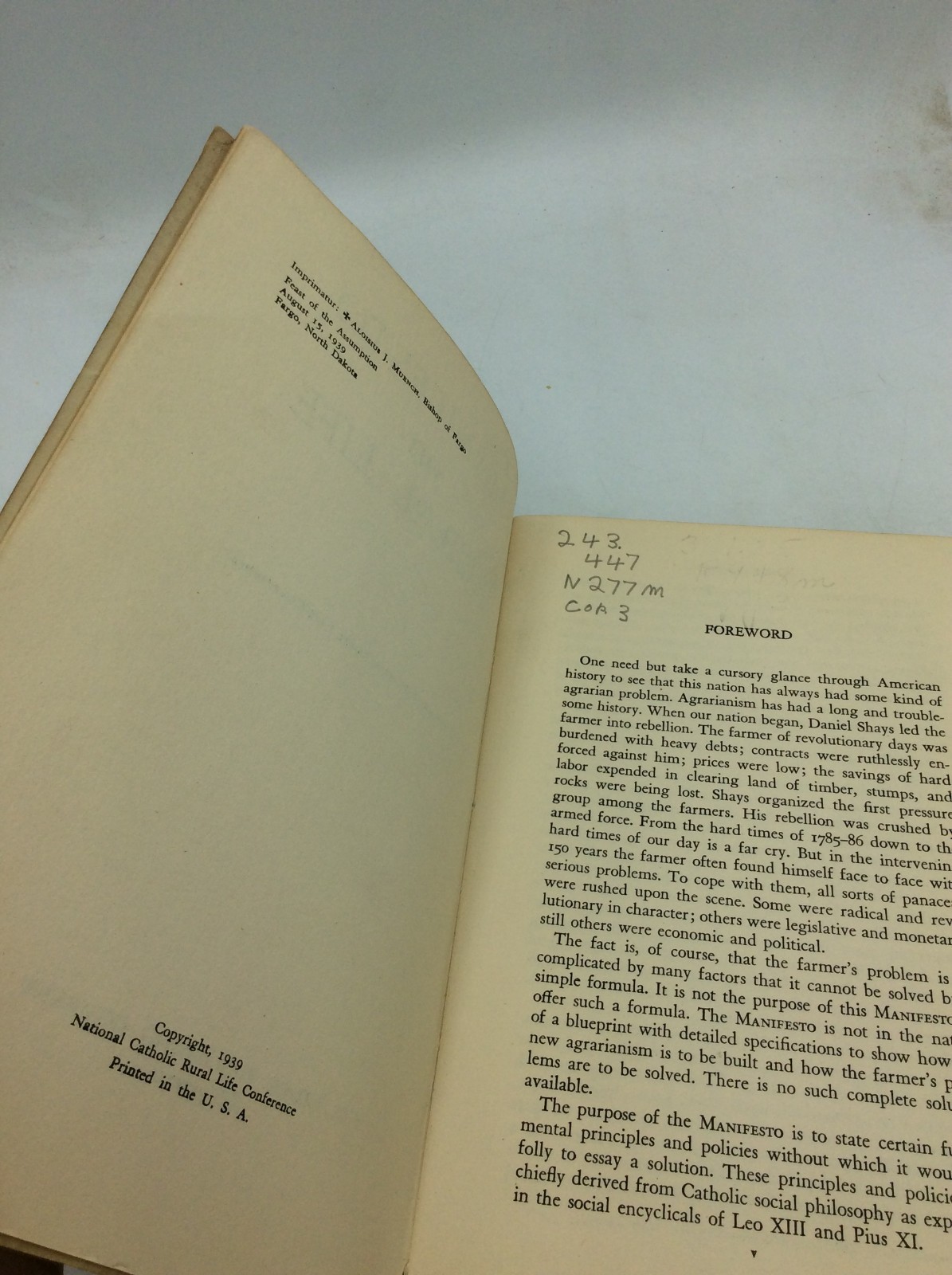 MANIFESTO ON RURAL LIFE – 1939 1st ed – Catholic social justice