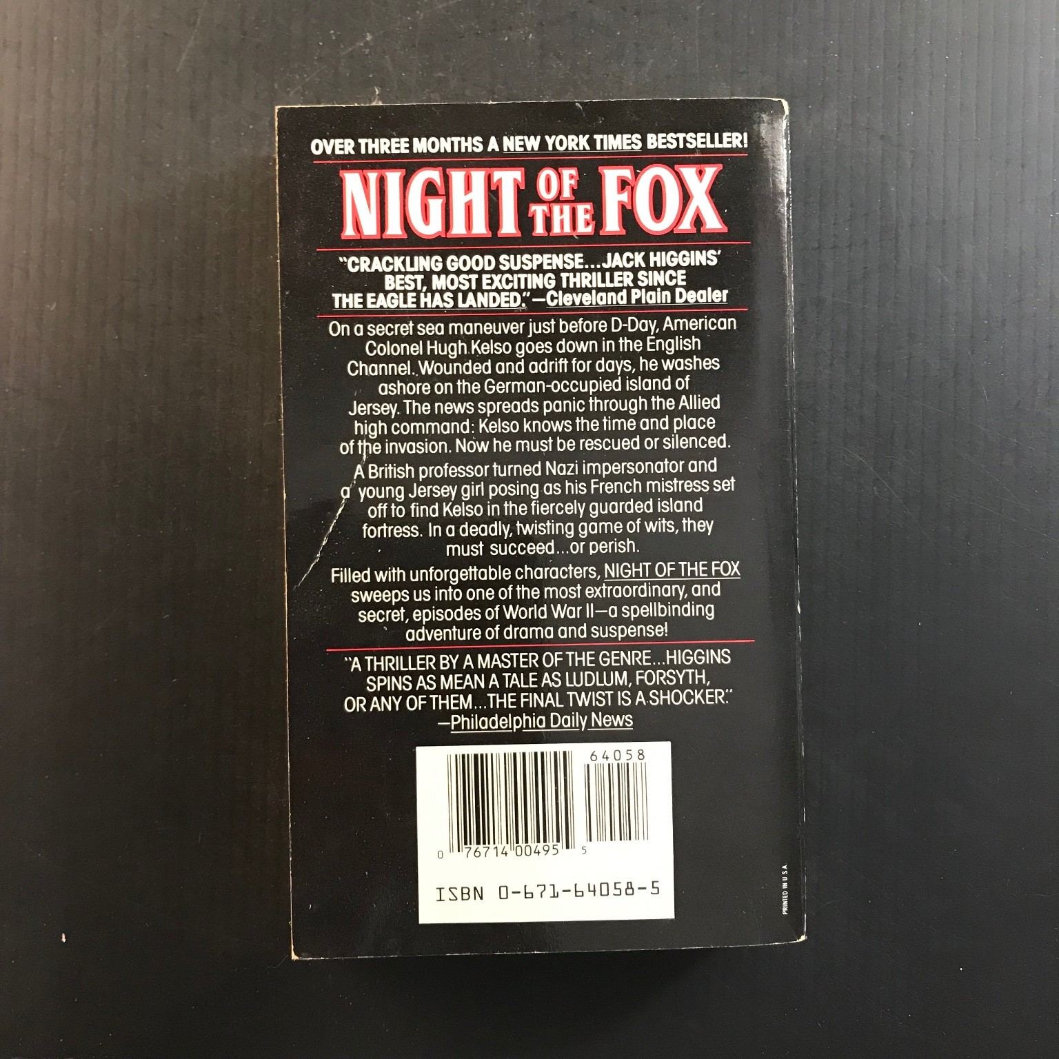Night of the Fox Jack Higgins First Pocket Books Printing 1987 WWII Thriller