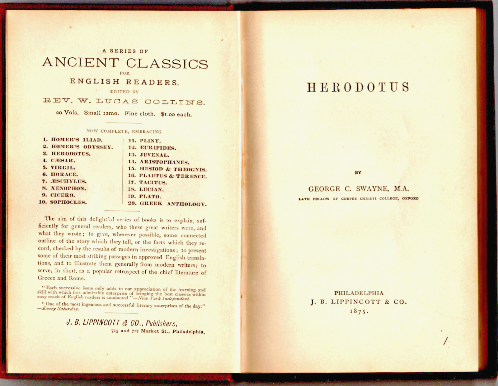 Herodotus, by George C. Swayne – Series: Ancient Classics # 3, Rev. Collins 1875