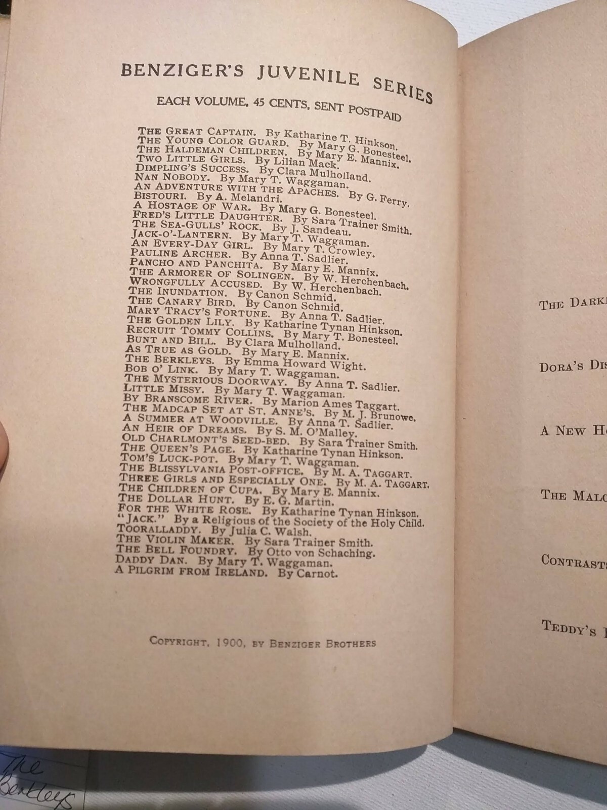 The Berkleys by Emma Howard Wight 1900 Edition Benzinger’s Juvenile Series