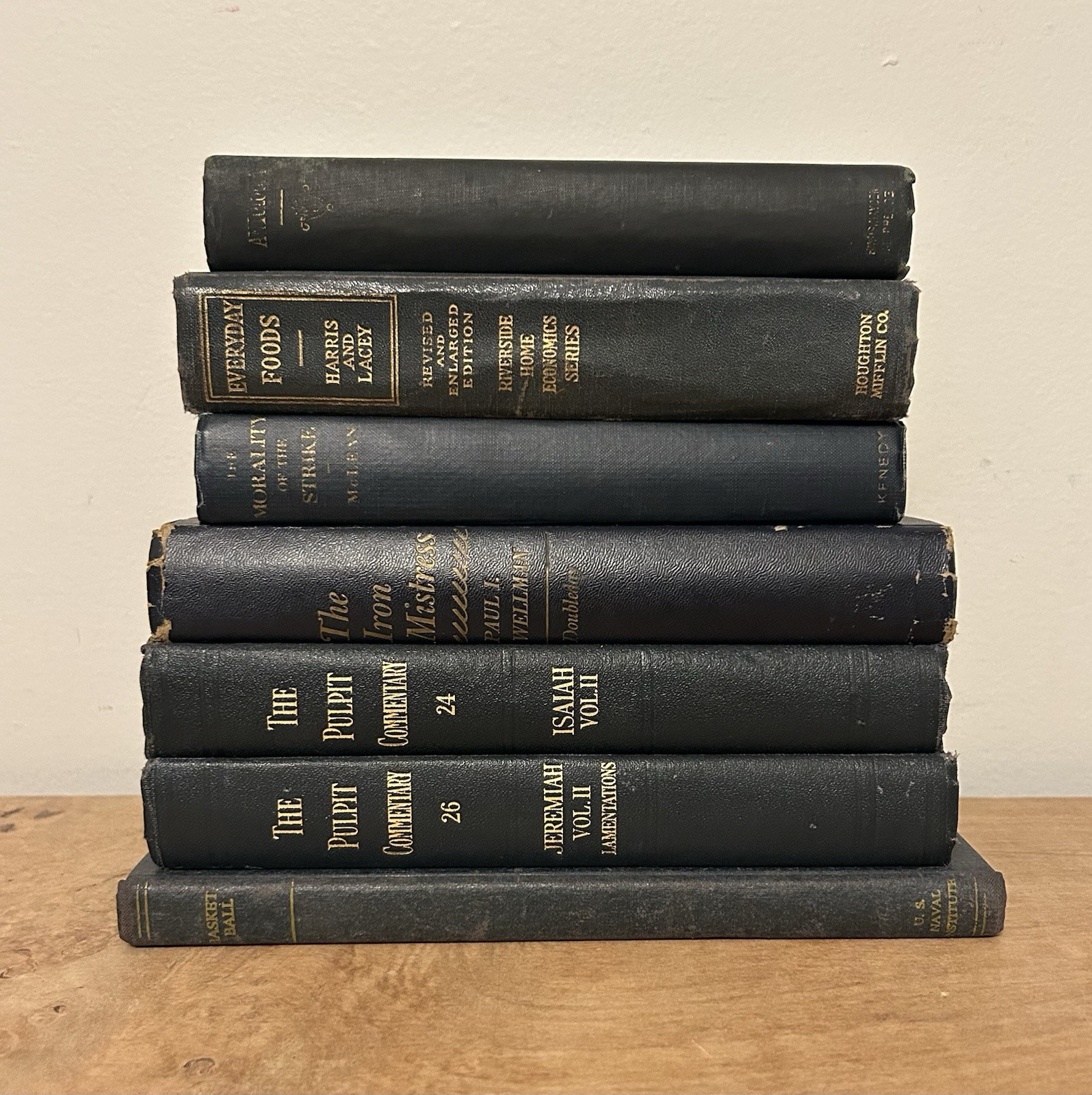 Lot of 7 Antique Books – Old Staging Shelf Decor – Farmhouse Cottage Black Blue