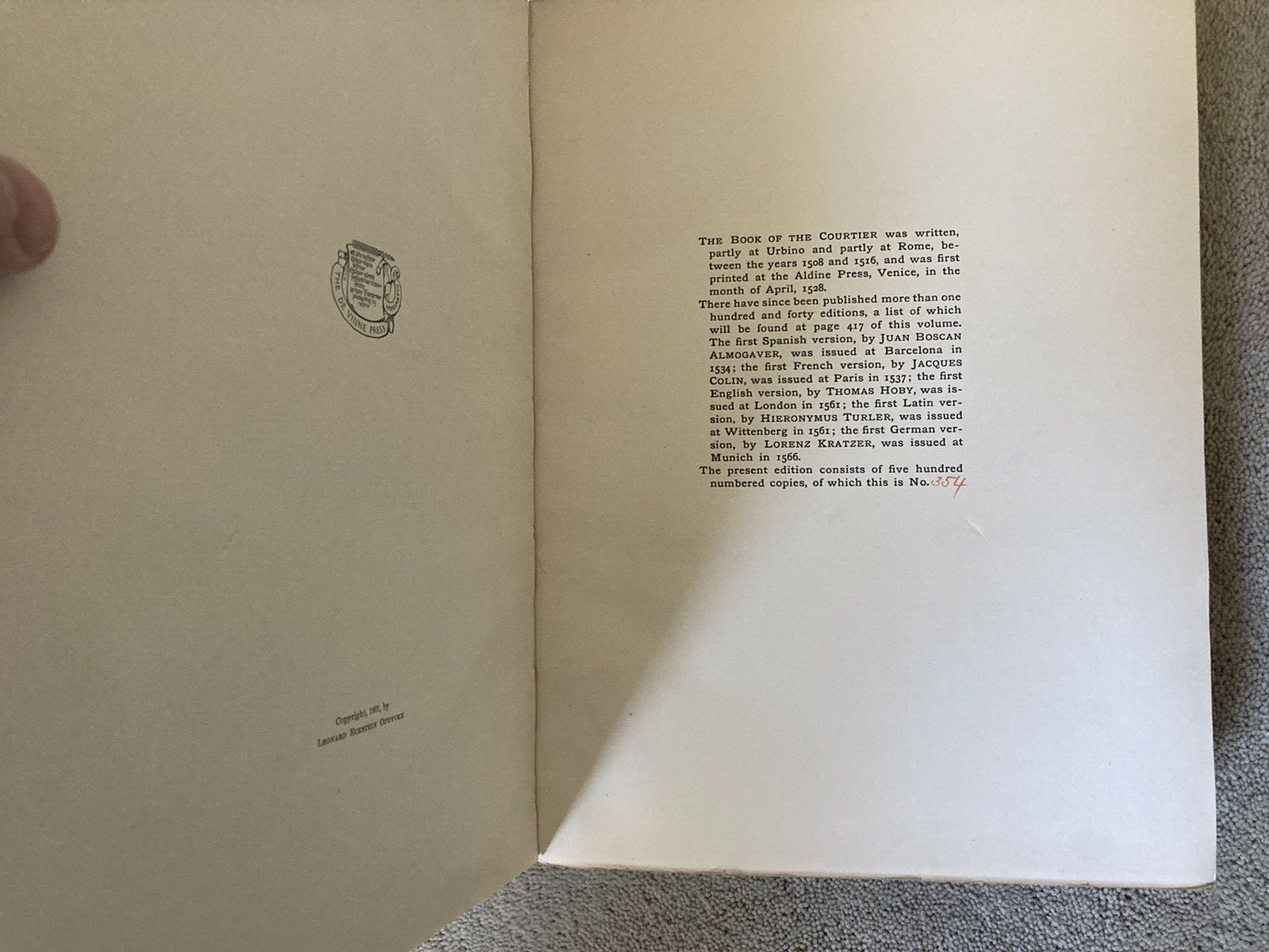 The Book of the Courtier, Castiglione. Scribner’s 1901. No. 354 of 500.