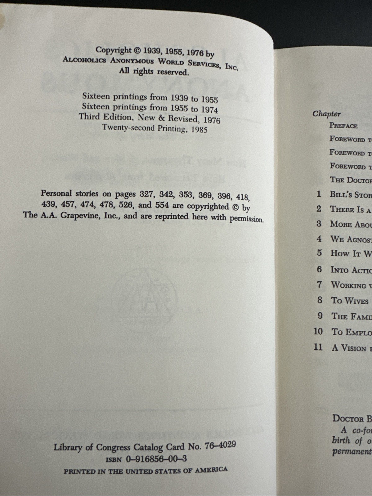 Alcoholics Anonymous,3rd Edition 22nd Printing, 1976 Hardcover 1986 Print