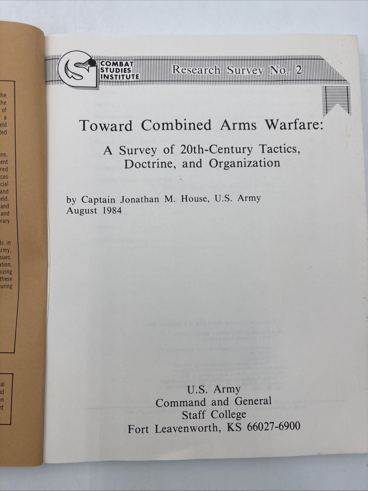 Toward Combined Arms Warfare By Captain Jonathan M. House August 1984