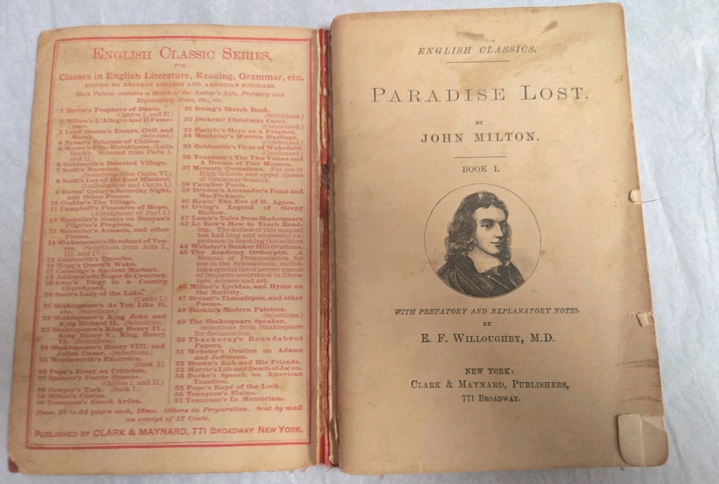 1887 Paradise Lost John Milton English Classic Series Clark Maynard Book Antique