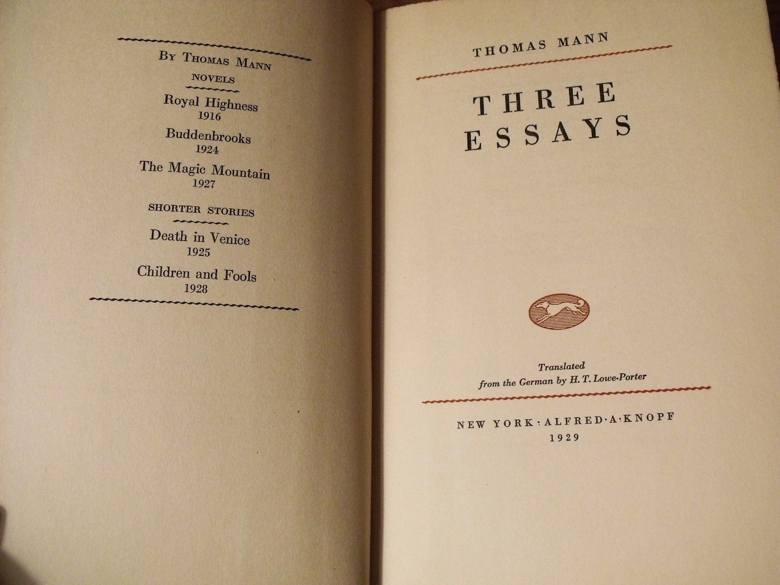 THOMAS MANN Three Essays 1929 FE hc/dj w/ BOOKMARK & extras OCCULT Lowe-Porter