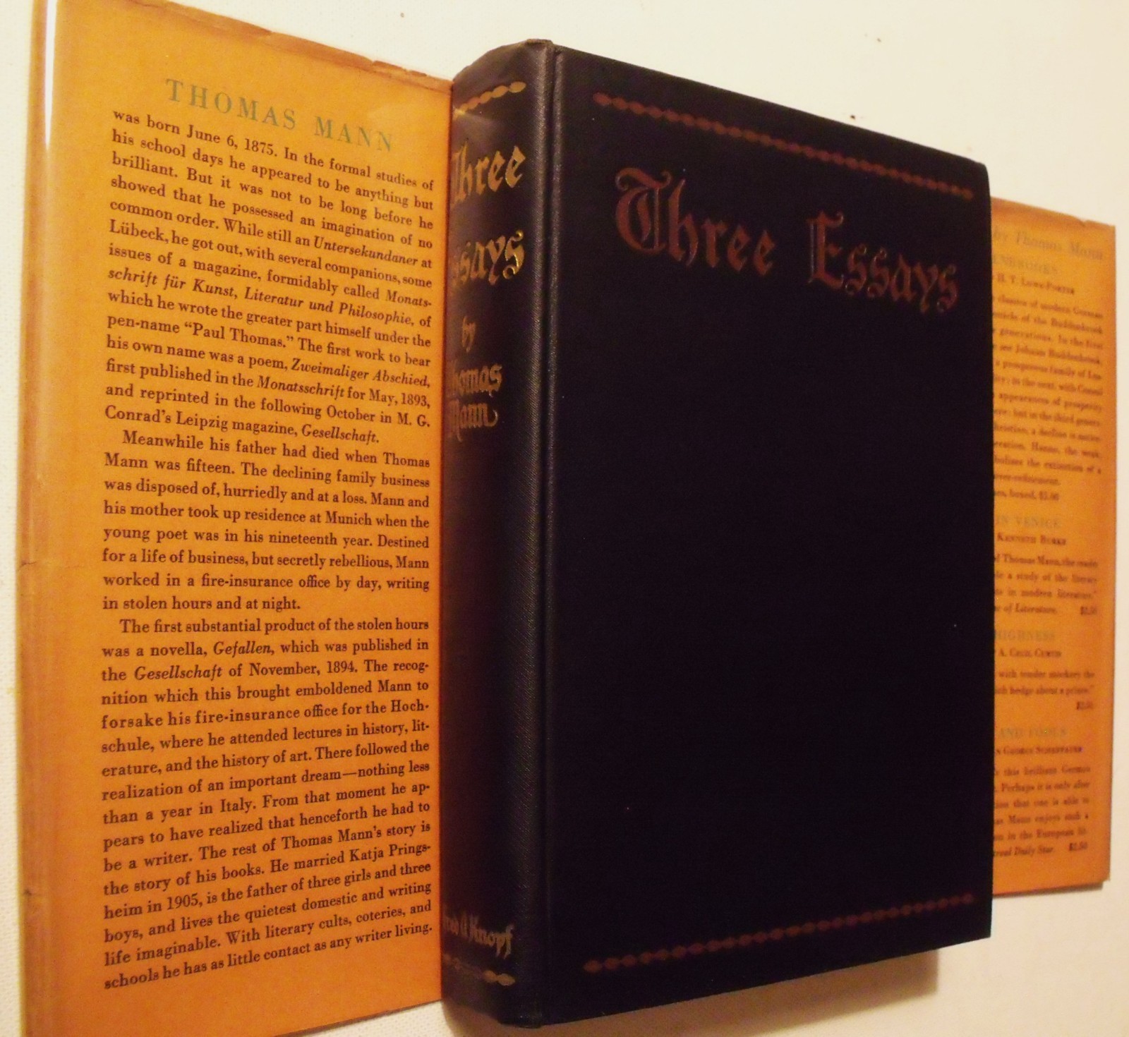 THOMAS MANN Three Essays 1929 FE hc/dj w/ BOOKMARK & extras OCCULT Lowe-Porter