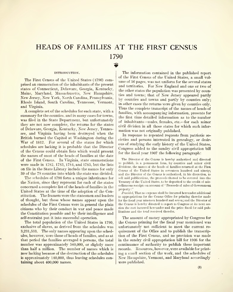 United Stated First Census Taken in 1790 – Heads of Families – 12 Records on DVD