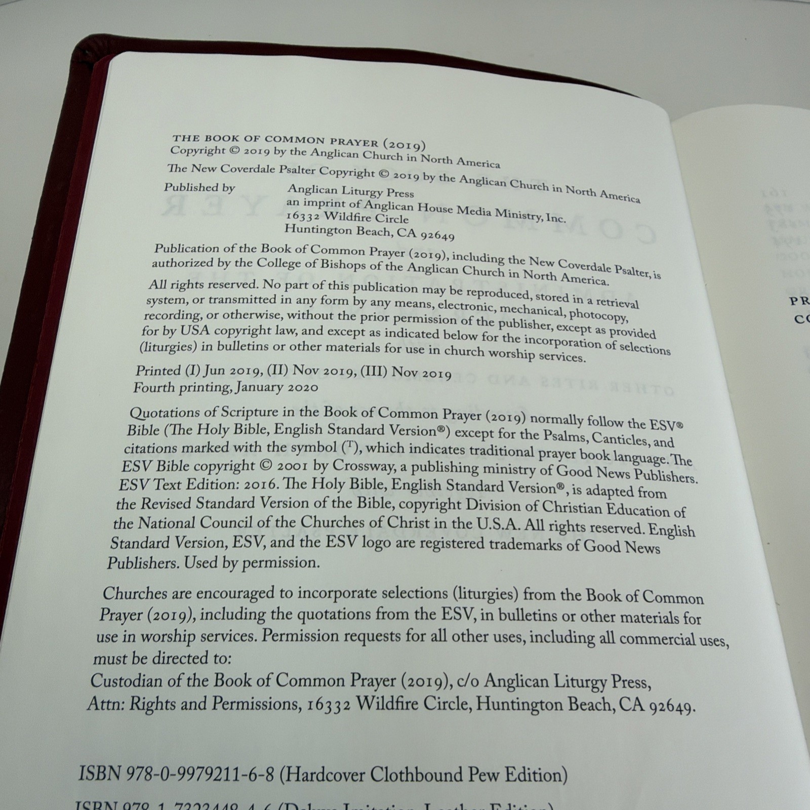 The Book of Common Prayer 2019 Anglican Church North America Deluxe Soft Cover