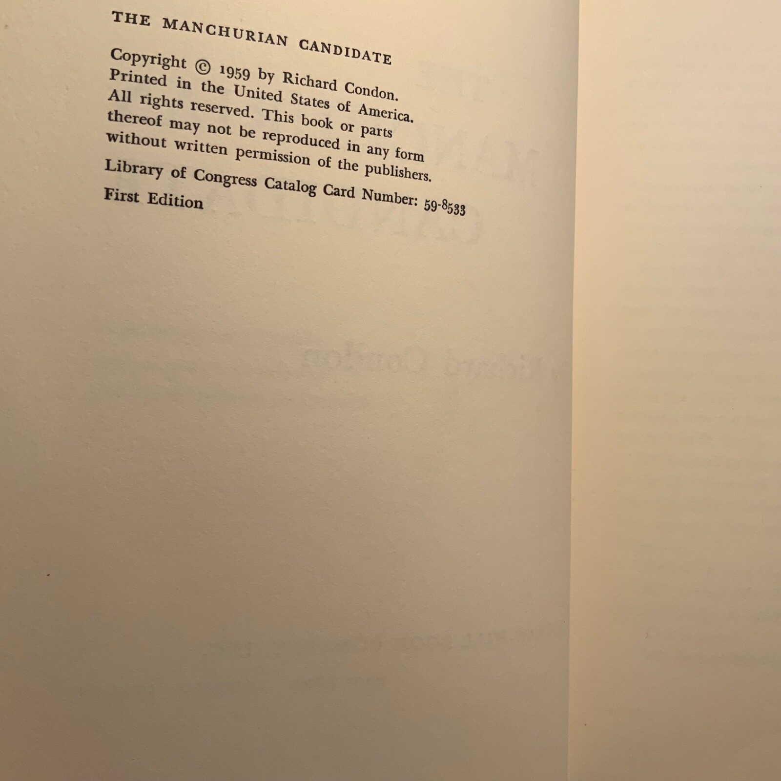 The Manchurian Candidate *by Richard Condon 1959 McGraw-Hill, 1st edition VG+/VG